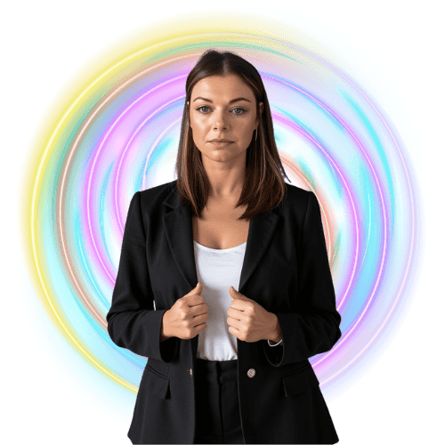 Kim Whalley, founder of 9 Yard Marketing, standing in front of glowing neon rings.